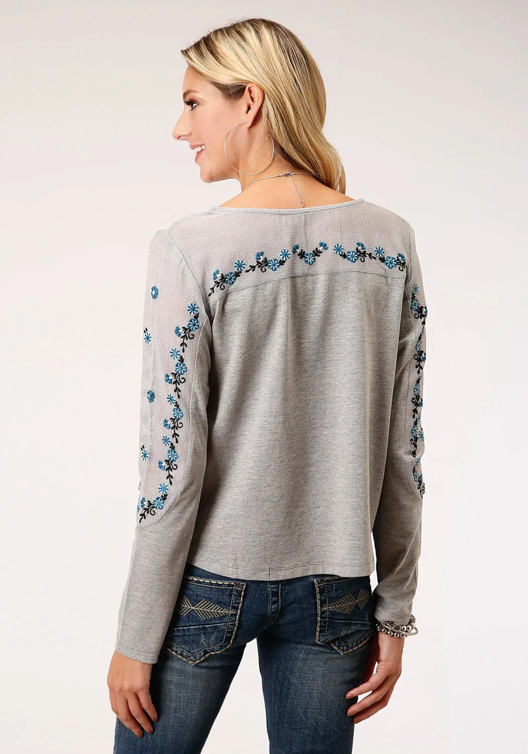 Roper Womens Grey 100% Cotton Floral Mesh L/S V-Neck T-Shirt Blended Style Modern Minimalist Creative Look