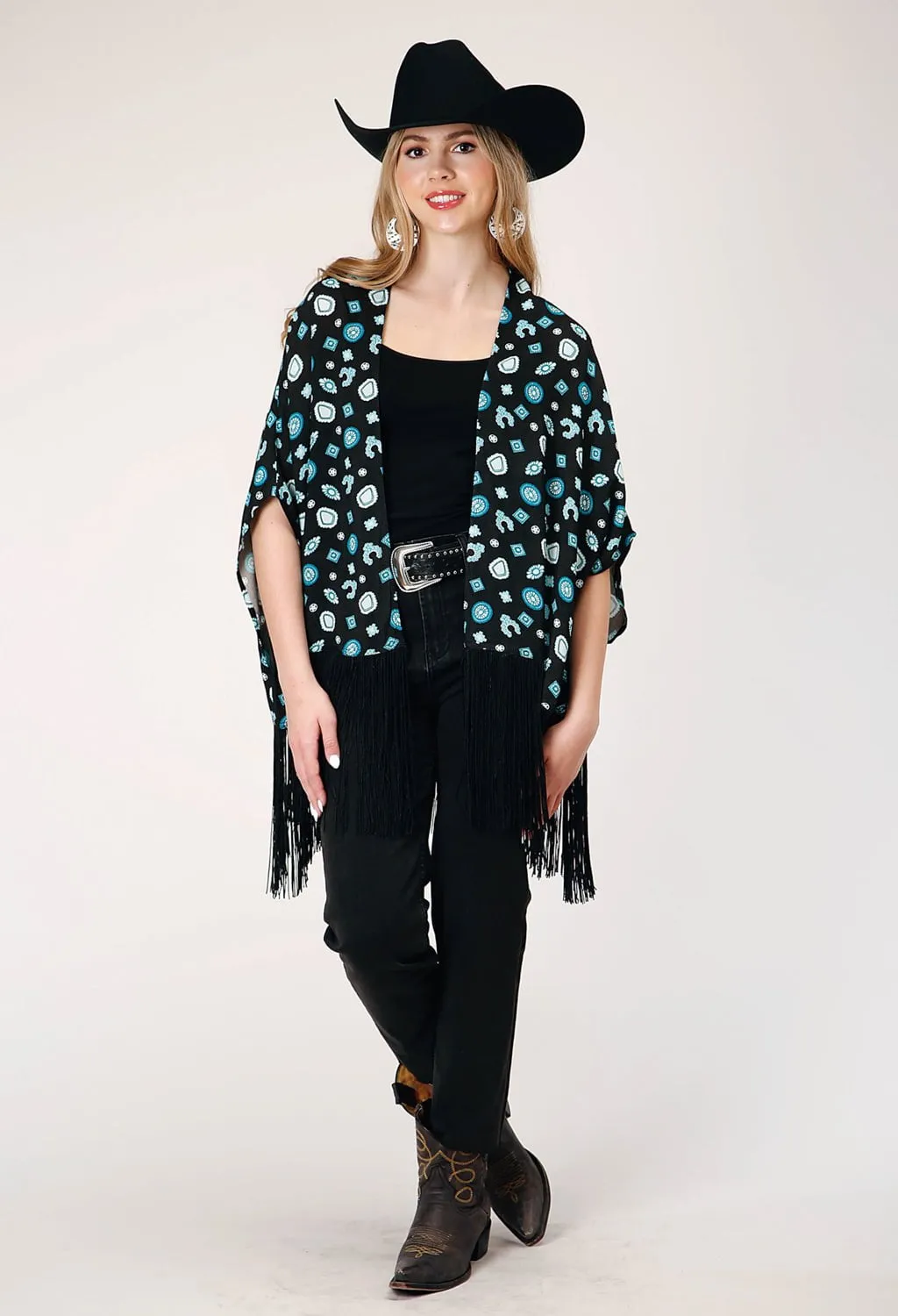 Roper Womens Jewelry Print Black 100% Rayon Cardigan Sweater Cool Silhouette