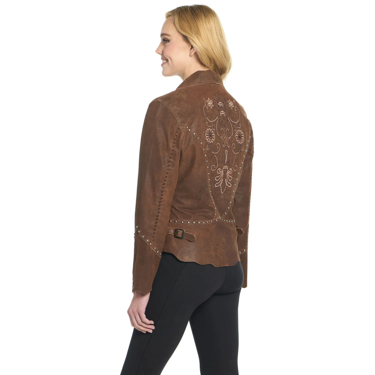 All Day Use Holiday Vibes Evening Stroll Picnic Style Cripple Creek Womens Studded Hand Laced Raw Edges Mustang Leather Leather Jacket