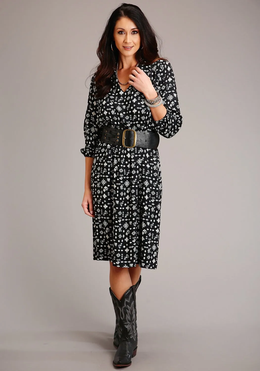 Stetson Womens Black Rayon/Nylon Southwestern Ditzy L/S Dress Responsible Denim Production