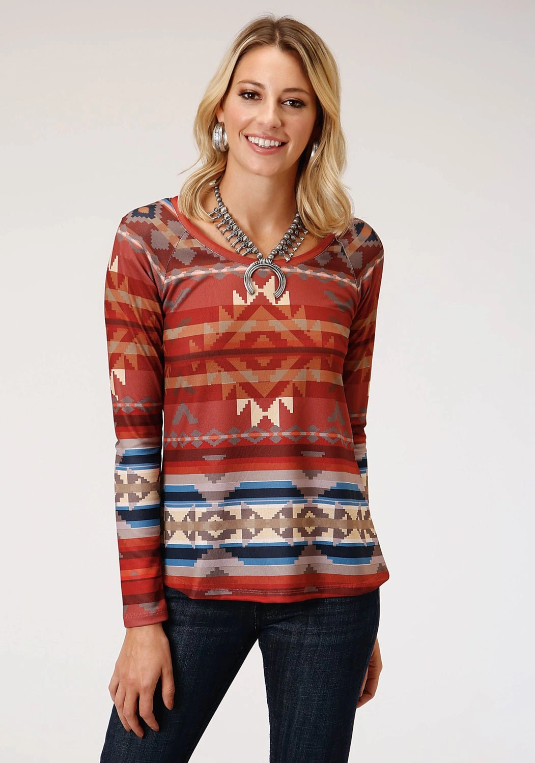 Distressed Details Anti Pilling Technology Roper Womens Rust Multi Polyester Cream Sweater L/S Tunic