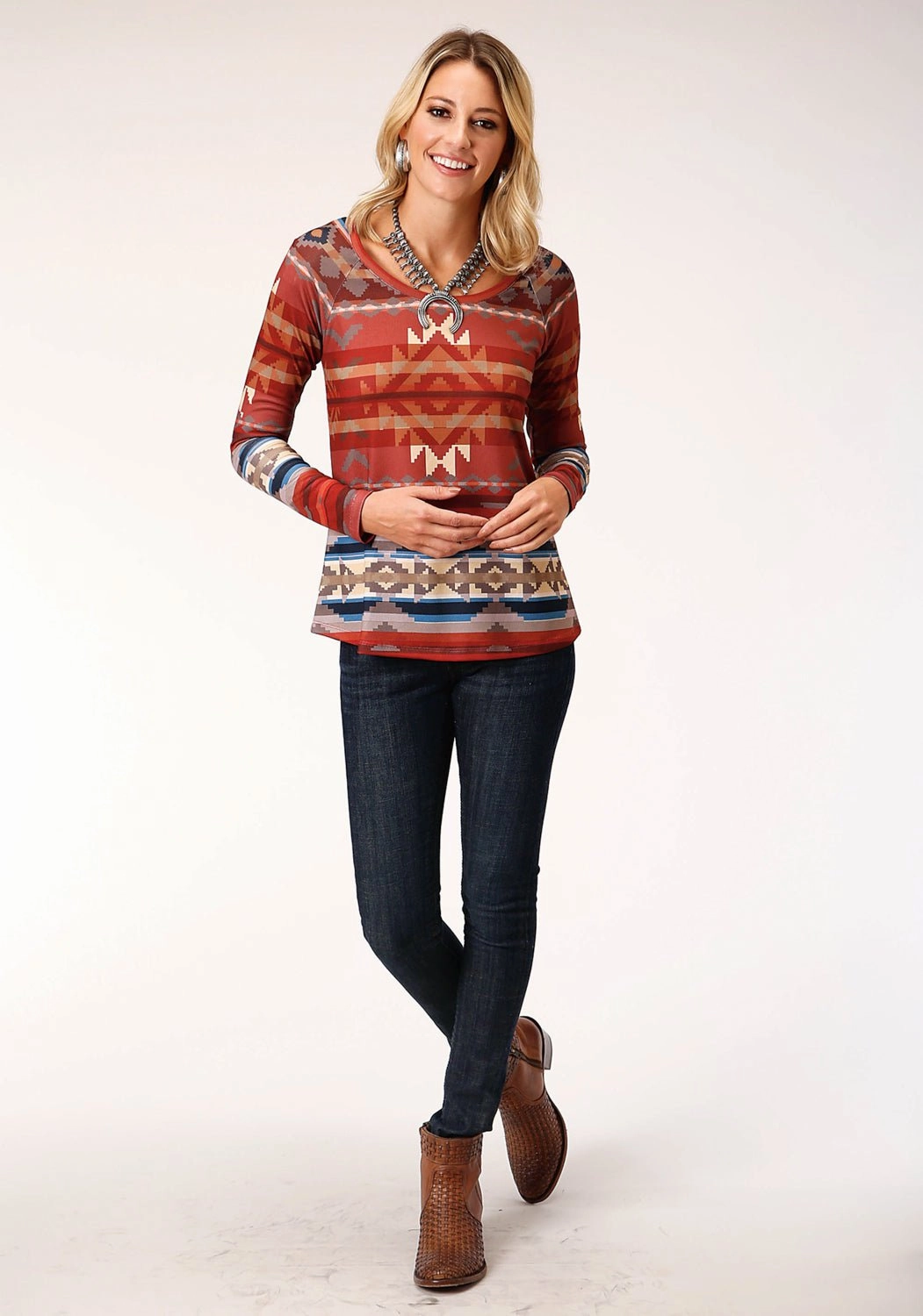 Roper Womens Rust Multi Polyester Cream Sweater L/S Tunic Sustainable Weekend Getaway Comfort Stretch Technology