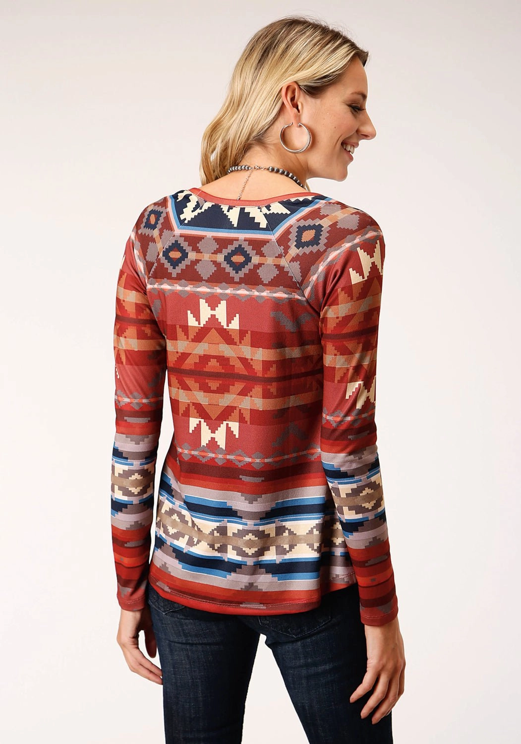 Low Maintenance Fabric Stretch Recovery Roper Womens Rust Multi Polyester Cream Sweater L/S Tunic