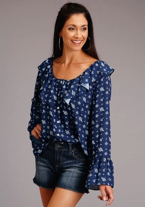 Slim Mood Stetson Womens Blue Rayon/Nylon Vintage Ditzy L/S HiLo Blouse Outerwear Friendly Stetson Womens Blue Rayon/Nylon Vintage Ditzy L/S HiLo Blouse