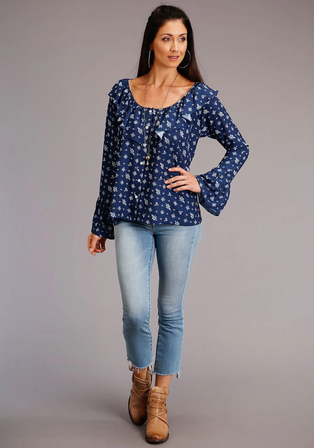 Classic Wear Morning Stroll Versatile Wear Stetson Womens Blue Rayon/Nylon Vintage Ditzy L/S HiLo Blouse