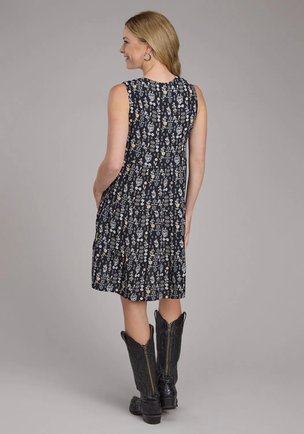 Comfort Stretch Technology Roper Womens 2422 Vintage Floral Print Black 100% Rayon S/L Dress
