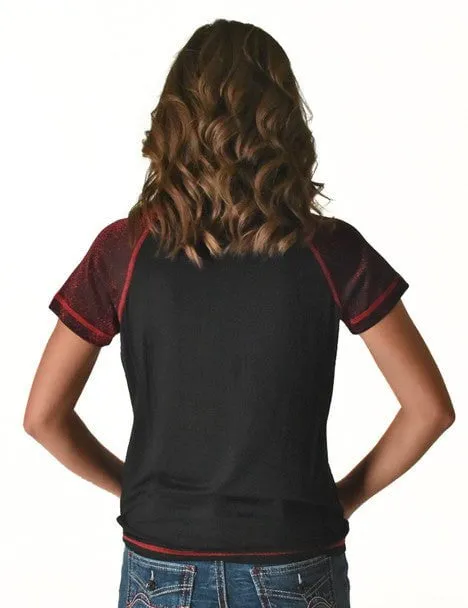 Cowgirl Tuff Womens Never Give Up Shimmer Dark Red Nylon S/S T-Shirt Comfortable Fabric Sweat-Absorbing