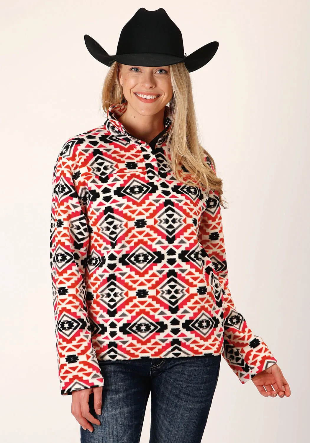 Roper Womens Aztec Print Orange/Black Polyester Fleece Jacket Fade Resistant Wash Unfaded Hemline