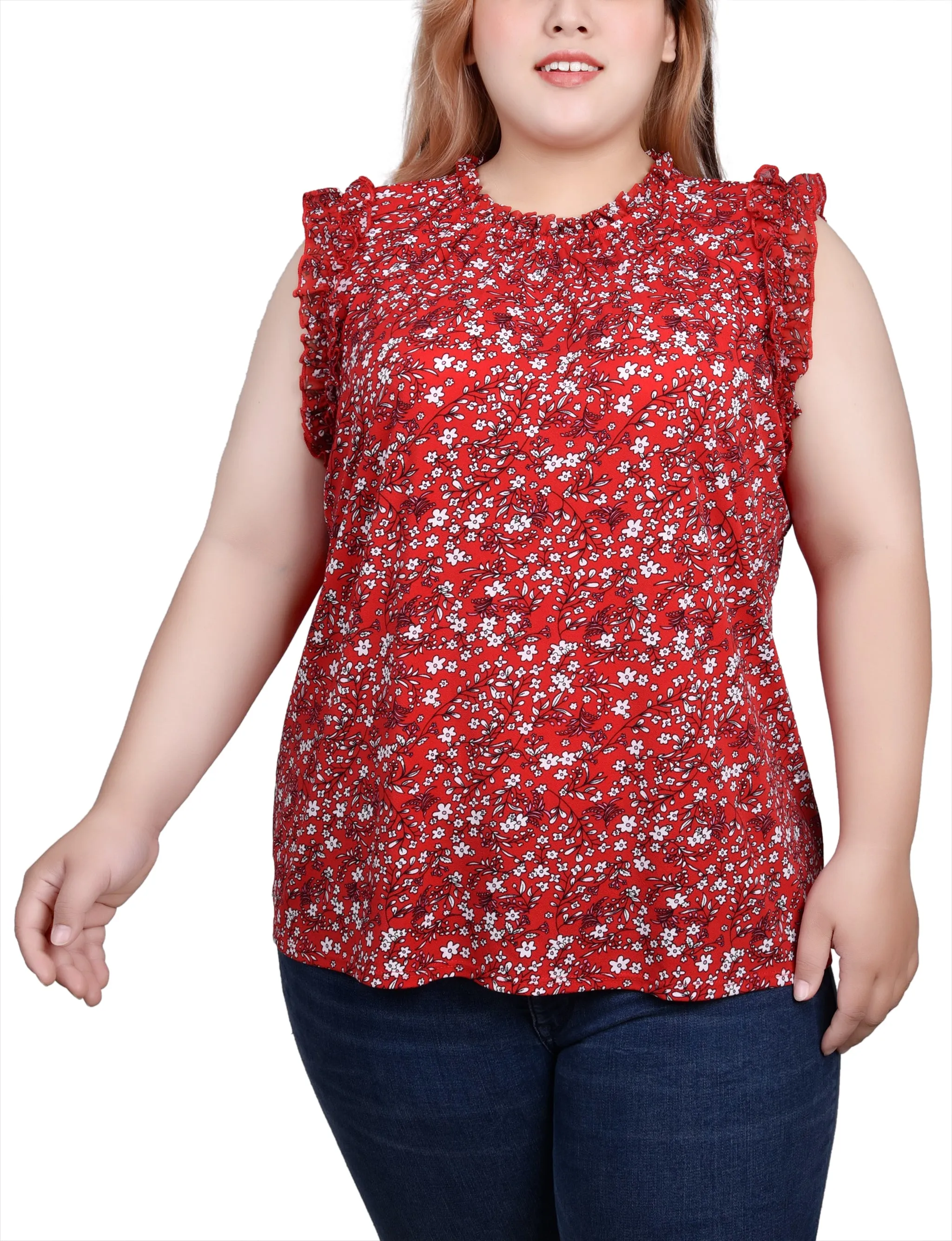 Coffee Break Chic Look Plus Size Sleeveless Crepe Top With Chiffon Ruffles