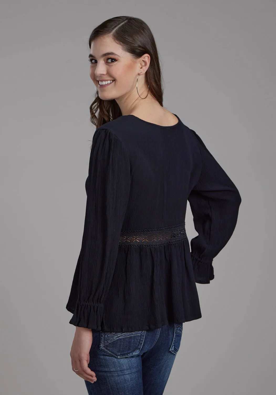 Roper Womens Lace Insert Keyhole Black 100% Rayon 3/4 Sleeve S/S Blouse sporty wear Classic Style