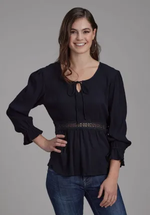 Smart Comfort Roper Womens Lace Insert Keyhole Black 100% Rayon 3/4 Sleeve S/S Blouse Roper Womens Lace Insert Keyhole Black 100% Rayon 3/4 Sleeve S/S Blouse Cooling Core Technology