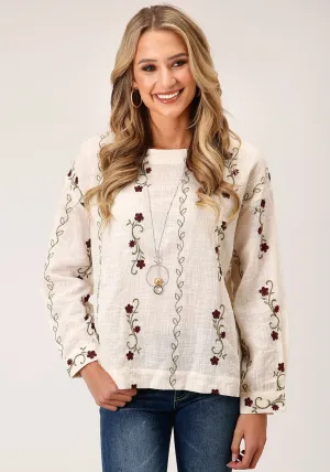 Smart Cut Roper Womens Cream 100% Cotton Floral Slub L/S Blouse Day Wear Roper Womens Cream 100% Cotton Floral Slub L/S Blouse