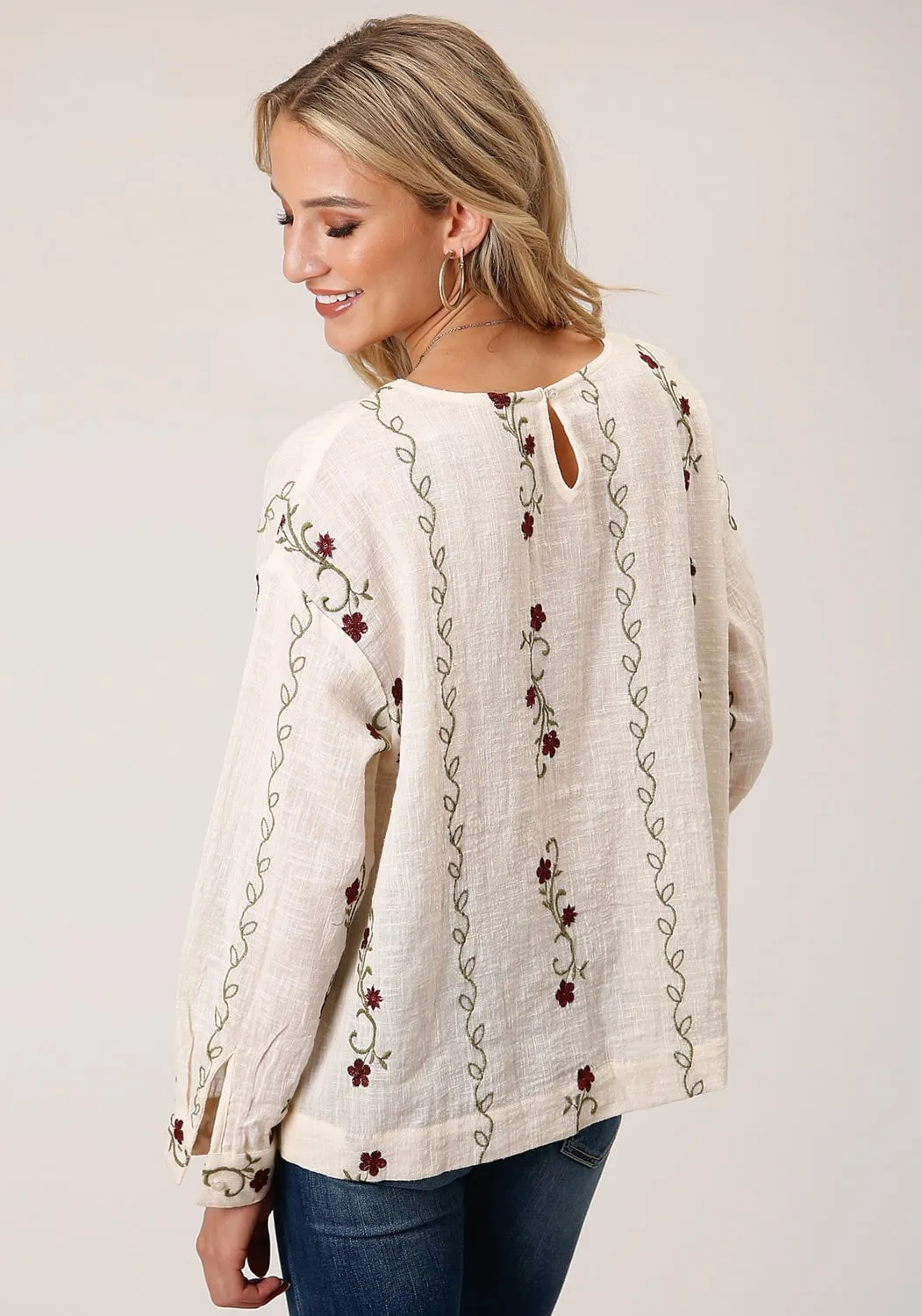 Layer Friendly Piece Casual Spring Mood Classic Wear Roper Womens Cream 100% Cotton Floral Slub L/S Blouse