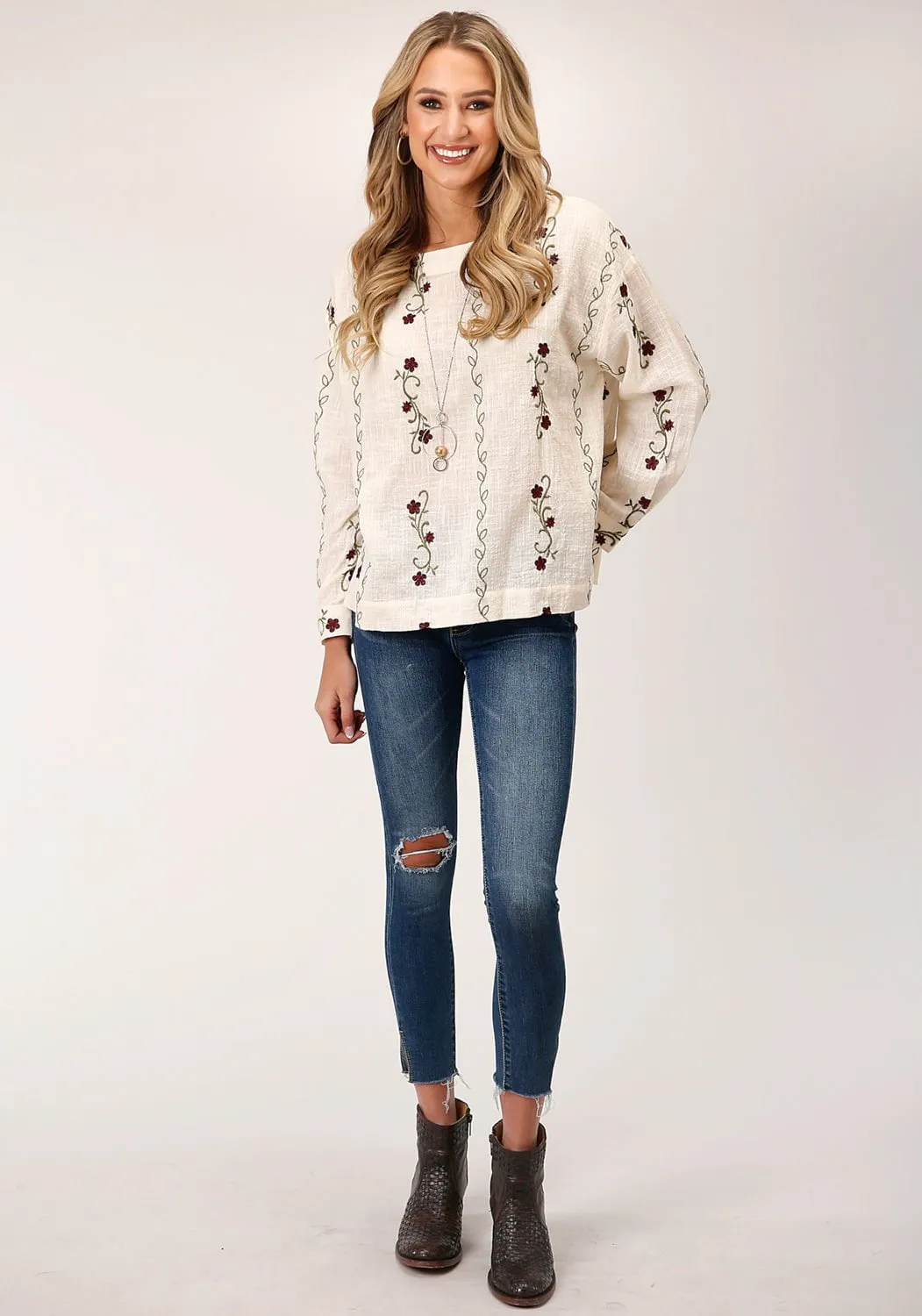 Roper Womens Cream 100% Cotton Floral Slub L/S Blouse Low Maintenance Fabric Chic Essentials