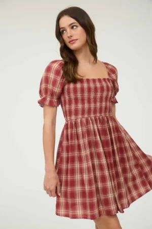 Smart Ensemble Cora Plaid Smocked Puff Sleeve Mini Dress Pastel-Tone Cora Plaid Smocked Puff Sleeve Mini Dress