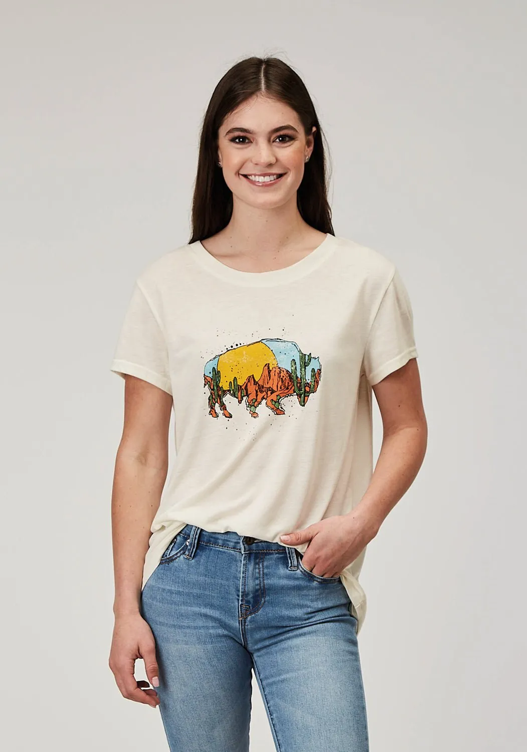 City Exploration Roper Womens Desert Buffalo Cream Poly/Cotton S/S T-Shirt