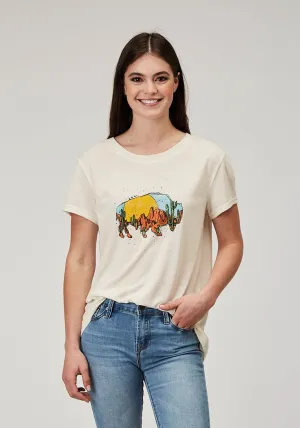 Smart Look Roper Womens Desert Buffalo Cream Poly/Cotton S/S T-Shirt All-Weather Ready Two Tone Stitching Roper Womens Desert Buffalo Cream Poly/Cotton S/S T-Shirt