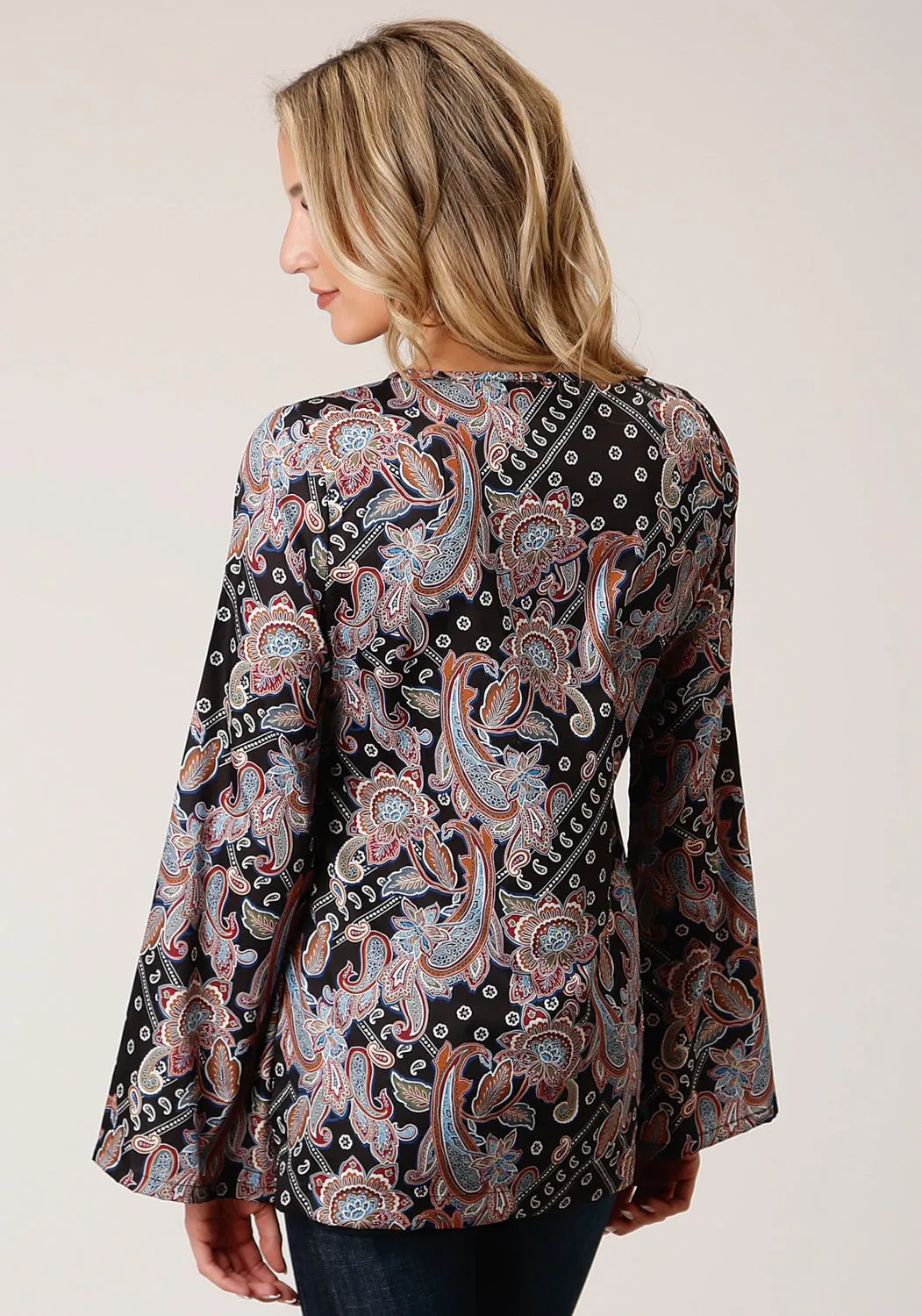 Roper Womens Black Polyester Boho Paisley L/S Blouse Road Trip Casual Friday Home Comfort Timeless Wear