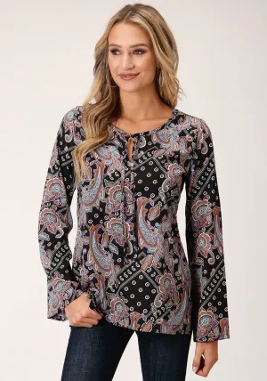 Smart Pick Roper Womens Black Polyester Boho Paisley L/S Blouse Light Fabric Outfit Mix Roper Womens Black Polyester Boho Paisley L/S Blouse