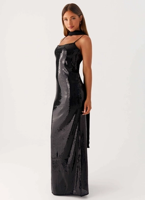 Smart Casual Scarf Neck Sequins Maxi Dress - Black Scarf Neck Sequins Maxi Dress - Black Grace Color