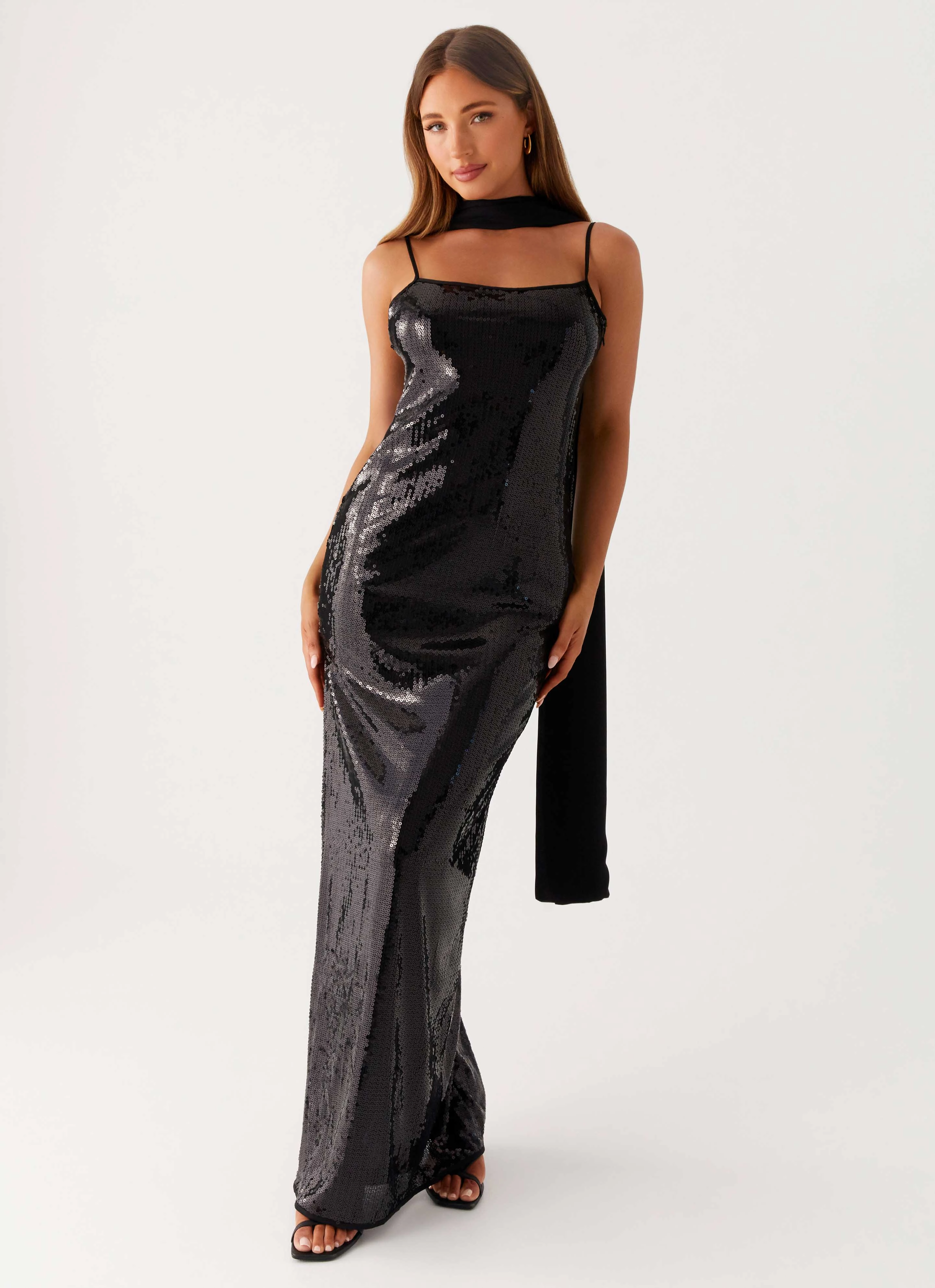 Scarf Neck Sequins Maxi Dress - Black Polished Look Comfortable Shape