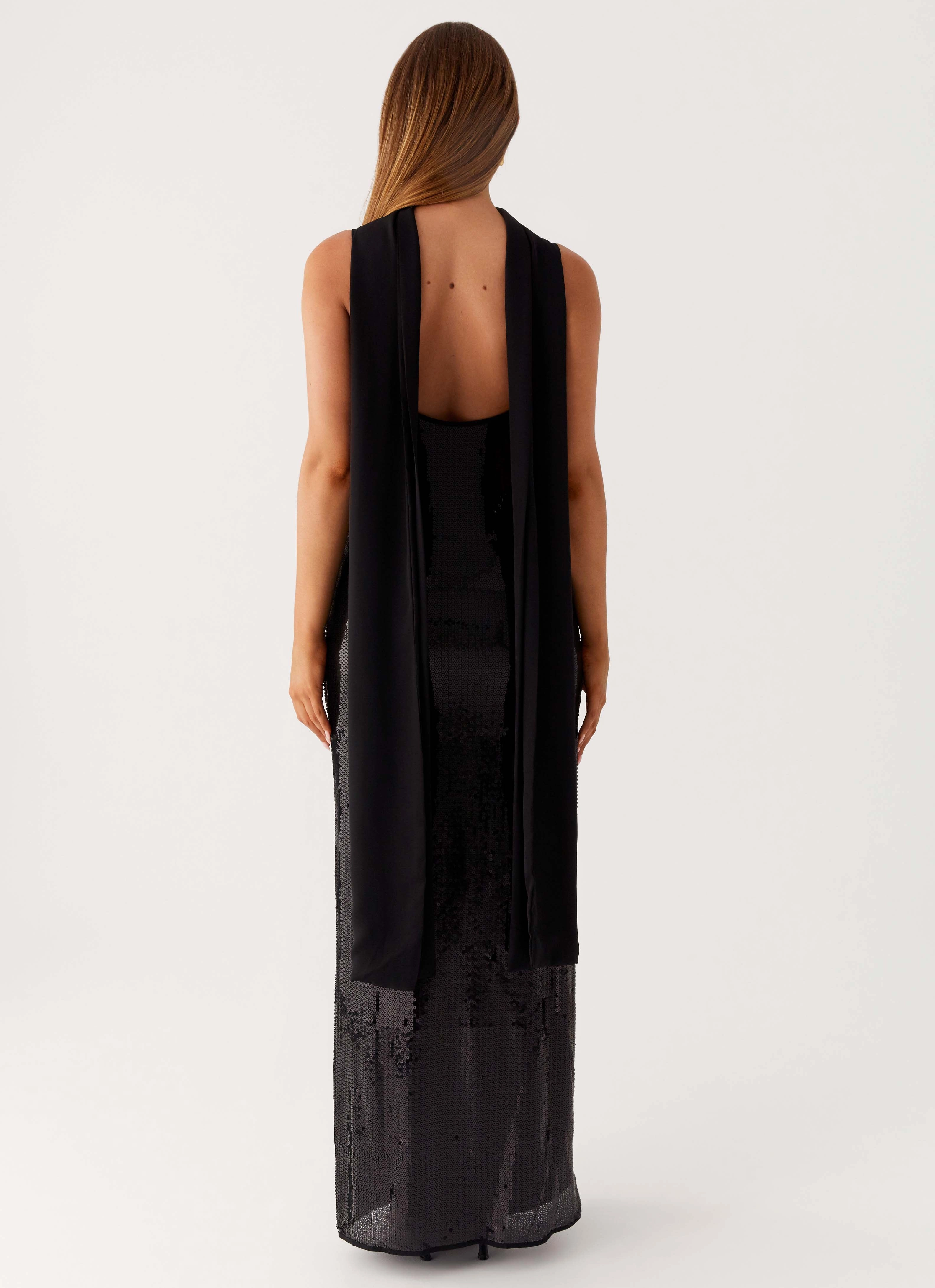 Flowing Layers Smart Shape Scarf Neck Sequins Maxi Dress - Black