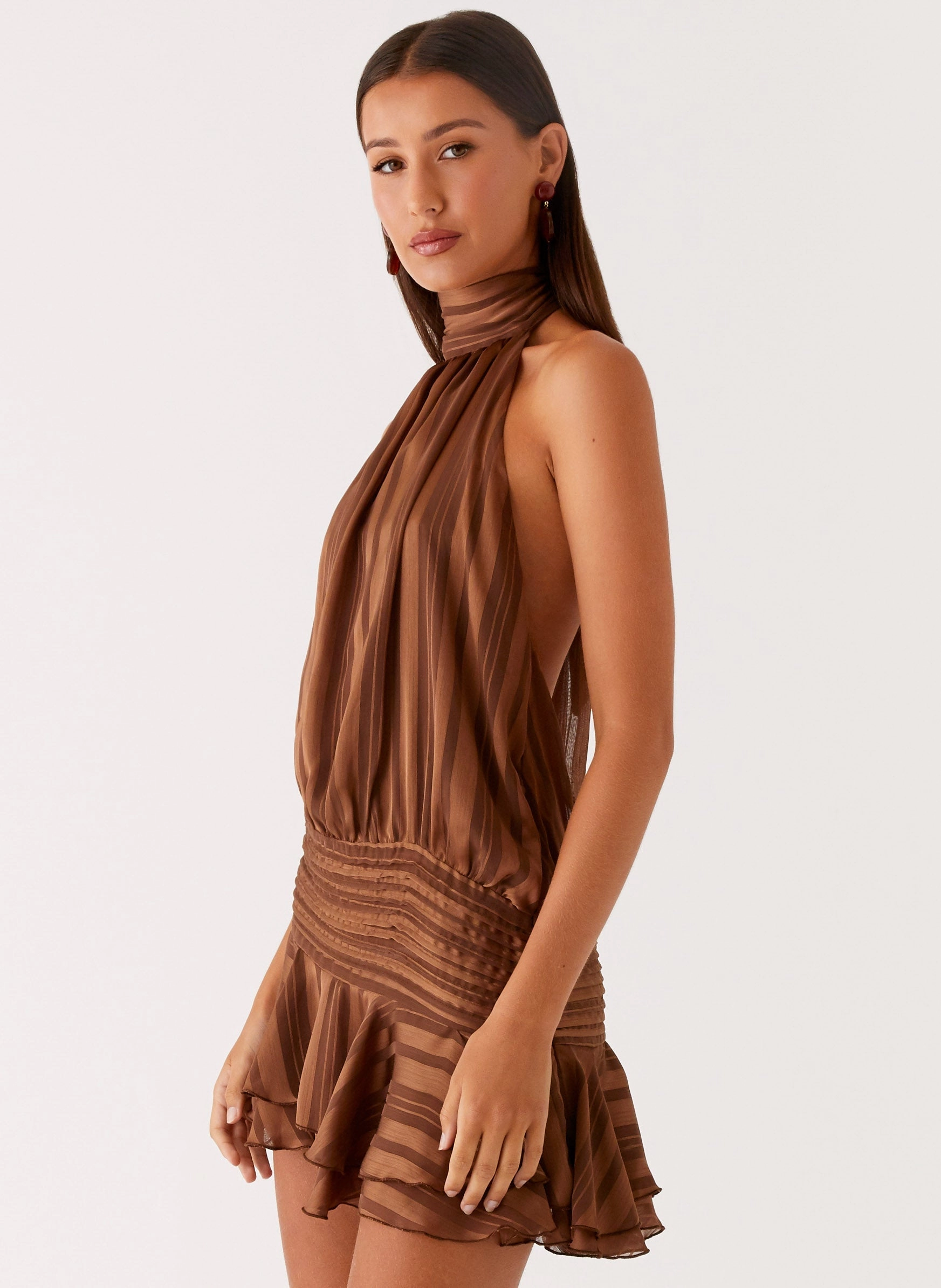 Polite Vibe Willow Chiffon Mini Dress - Chocolate
