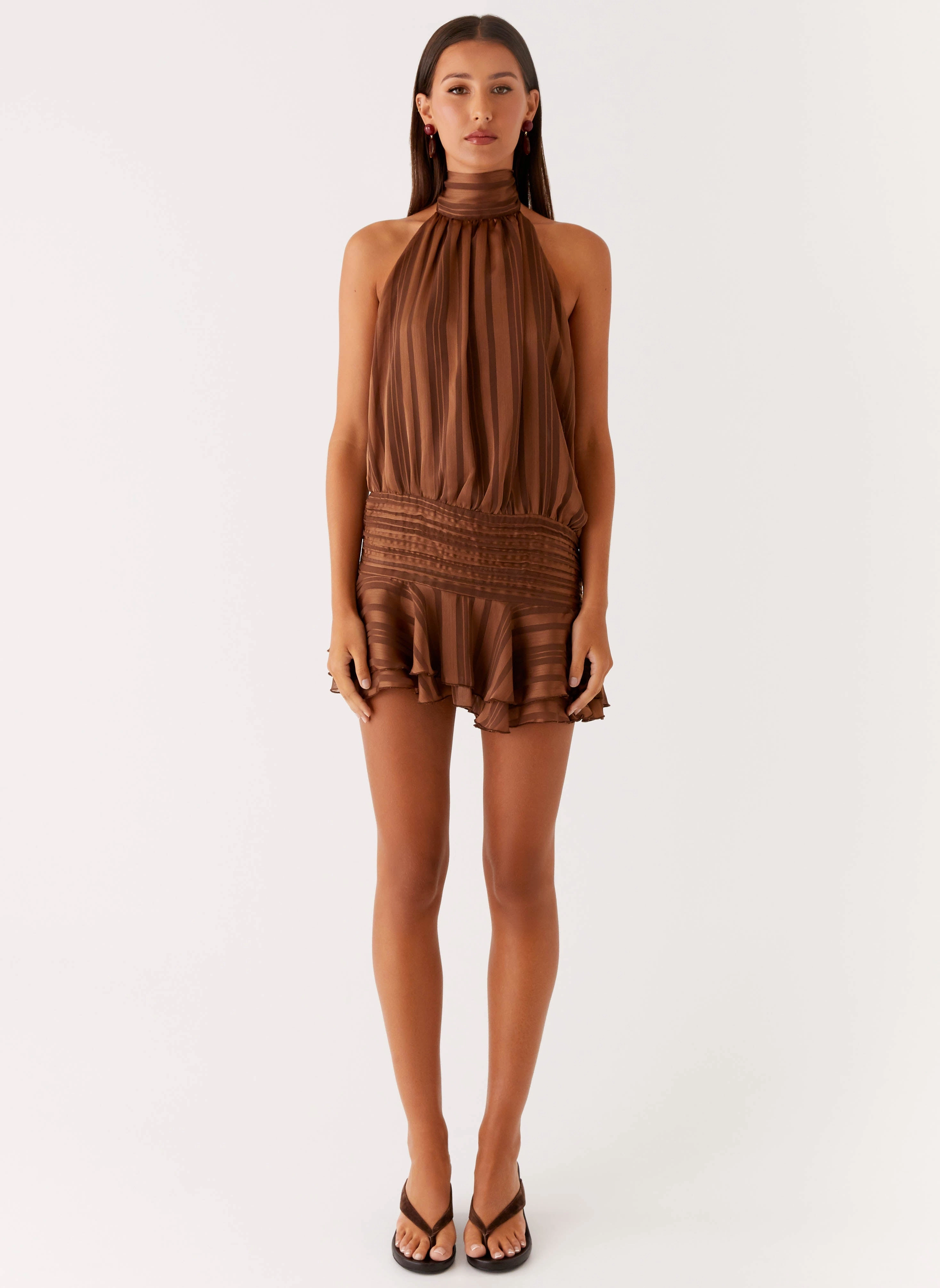 Willow Chiffon Mini Dress - Chocolate Subtle-Print Smart Cut