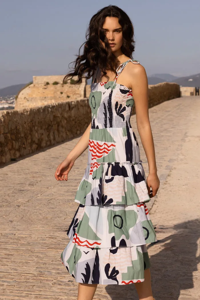 vacation look Smocked Tie Strap Midi Dress in Riviera Sage