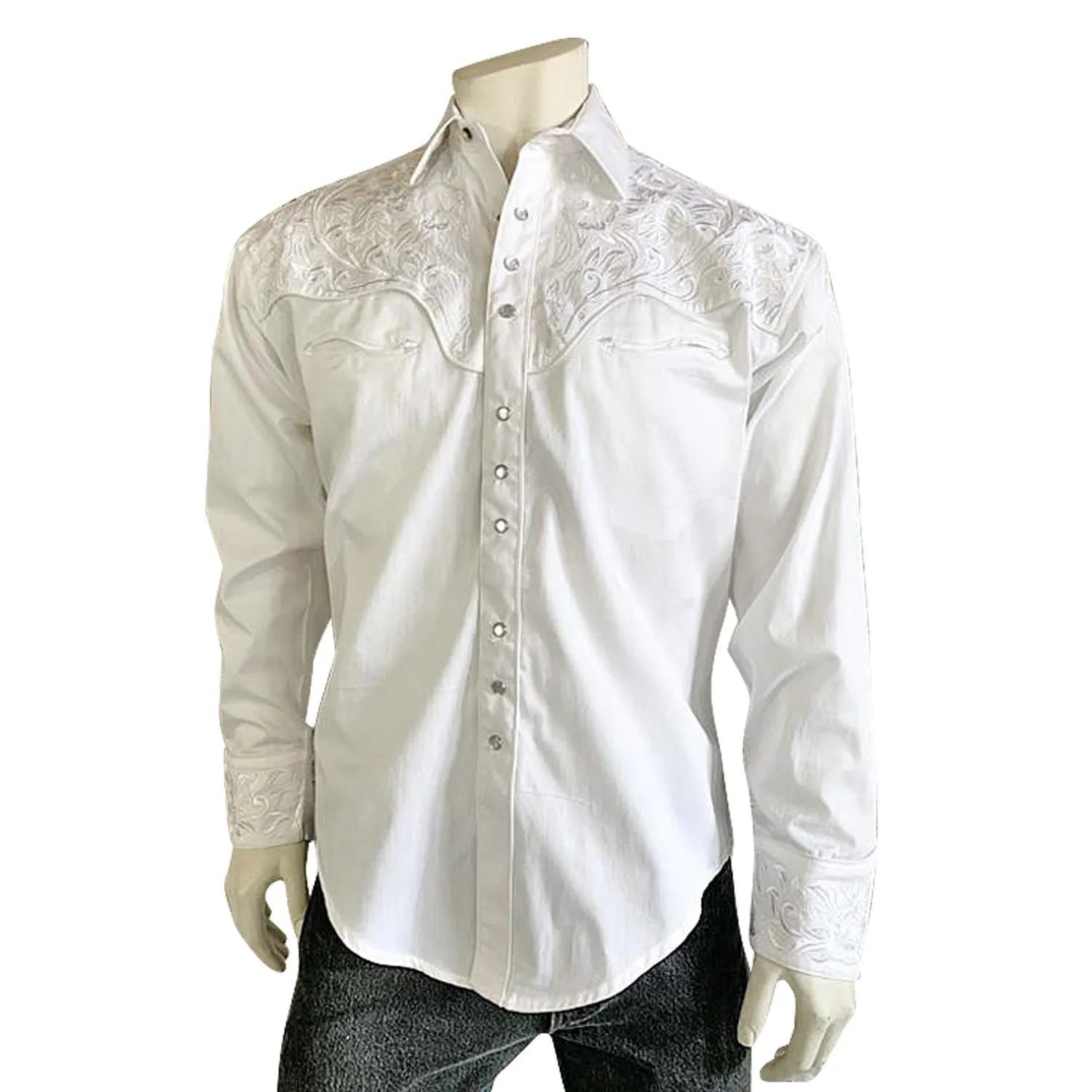 Rockmount Mens White/White 100% Cotton Vintage Tooling Embroidery L/S Shirt Multi Pocket Utility Beach Ready