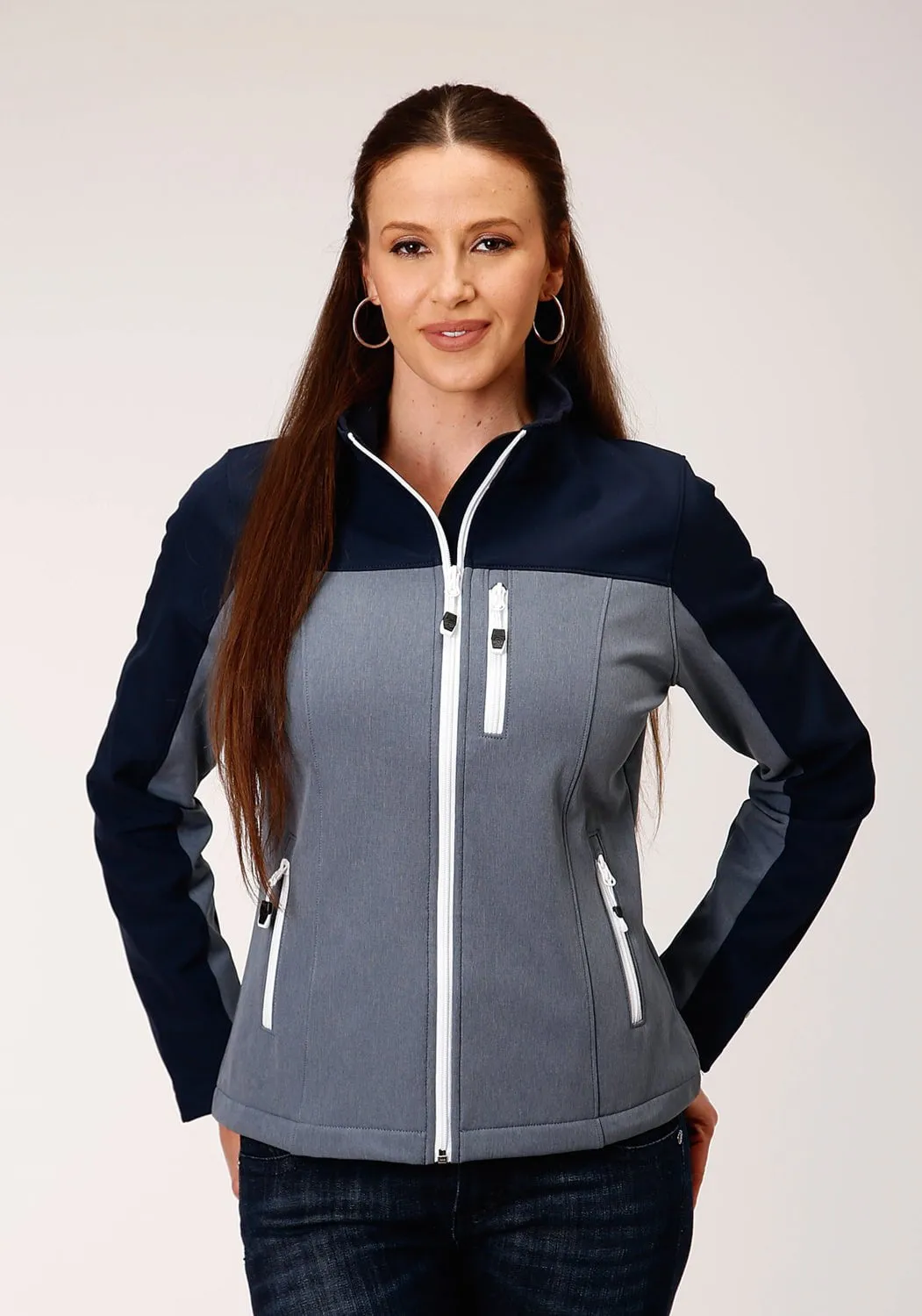 Roper Womens Navy/Grey Polyester Softshell Pieced Jacket Morning Stroll Stretch Work Meeting Relaxed Style
