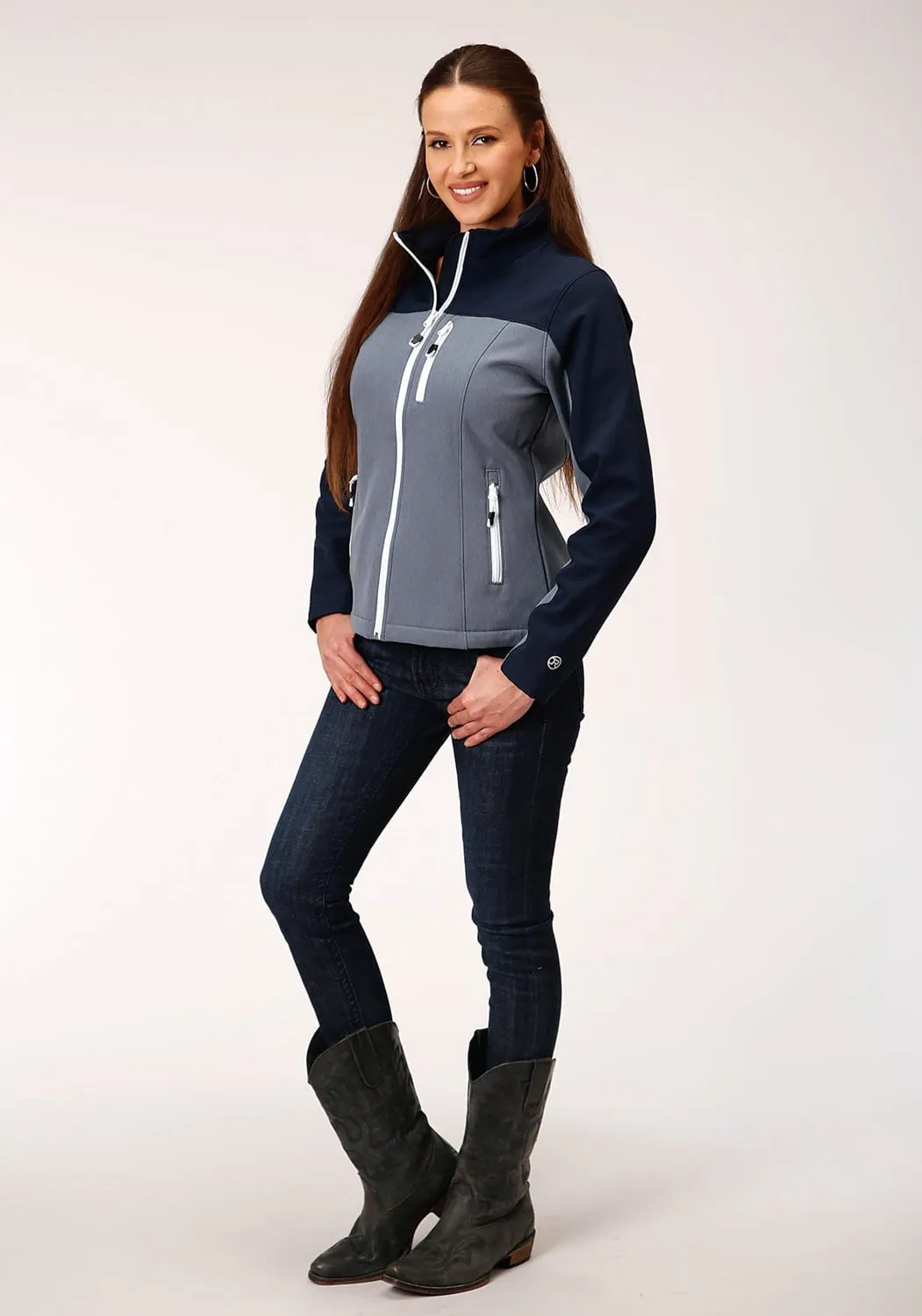 Roper Womens Navy/Grey Polyester Softshell Pieced Jacket Street Mood Functional Waist