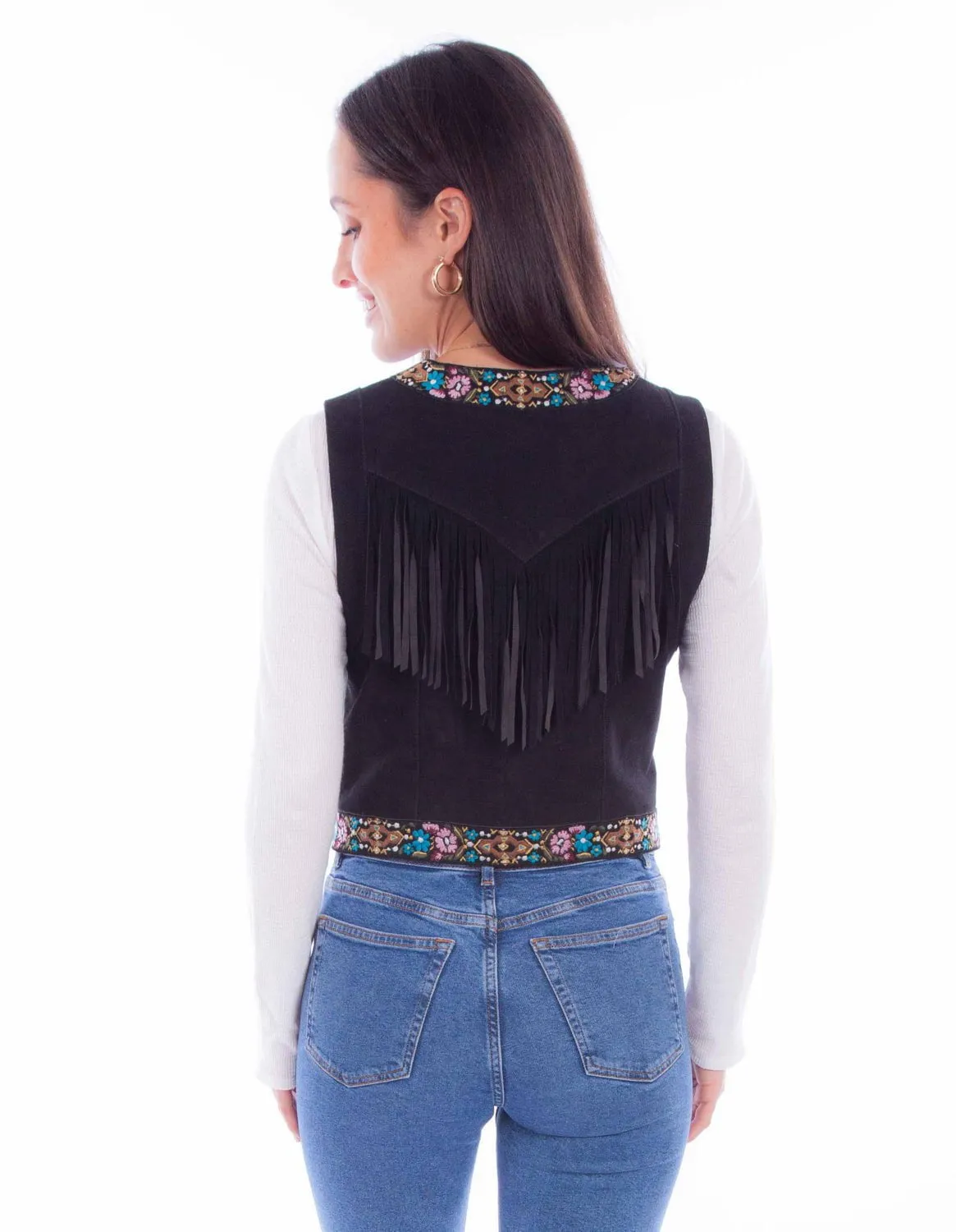 Scully Womens Front Embroidery Black Leather Leather Vest Barrel Leg Construction