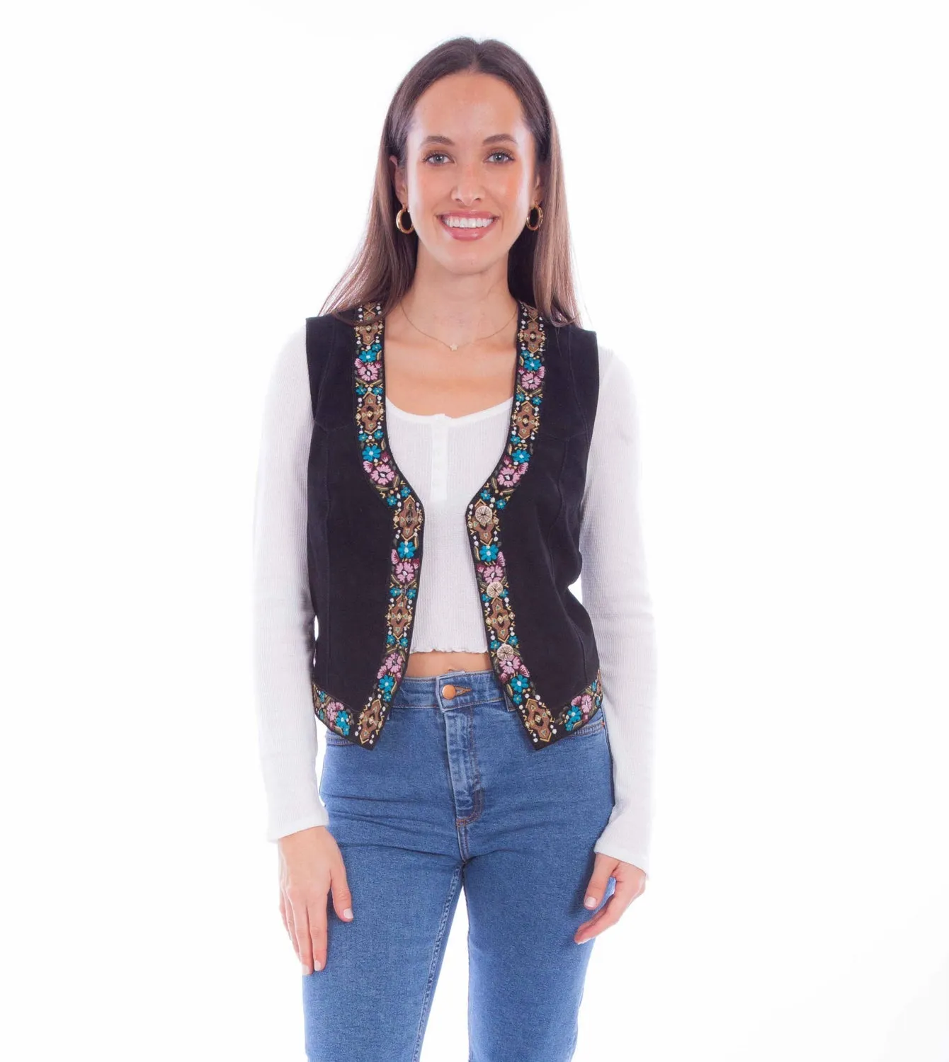 Scully Womens Front Embroidery Black Leather Leather Vest Go Everywhere