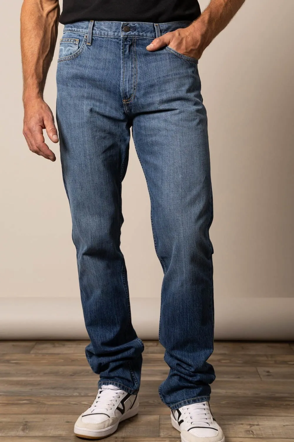 Kimes Ranch Mens Luke Mid Wash 100% Cotton Jeans Smooth Road Trip Contemporary Waistband