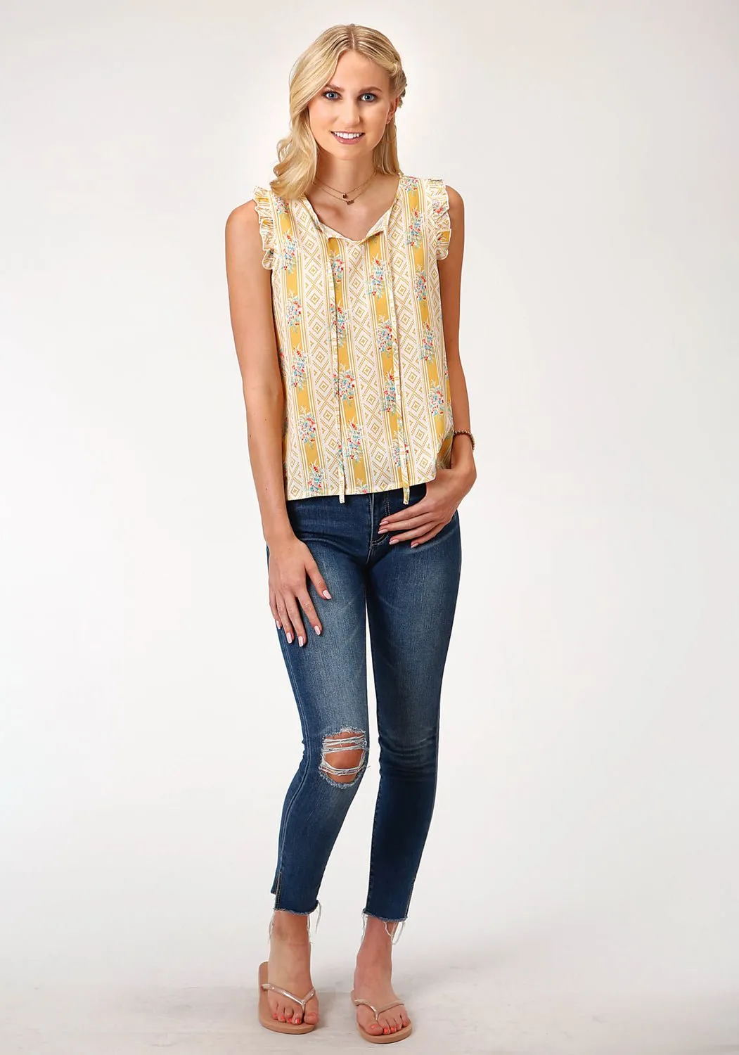 Hidden Placket Roper Womens Southwest Wallpaper Yellow 100% Rayon S/L Blouse