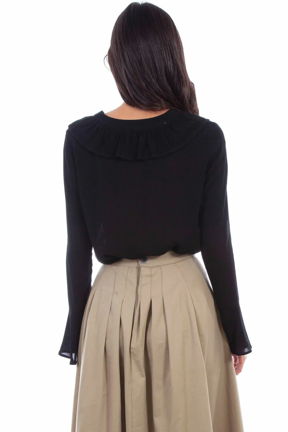 Scully Womens Tie Front Ruffle Black 100% Rayon L/S Blouse Breathable Style Non Restrictive Fit