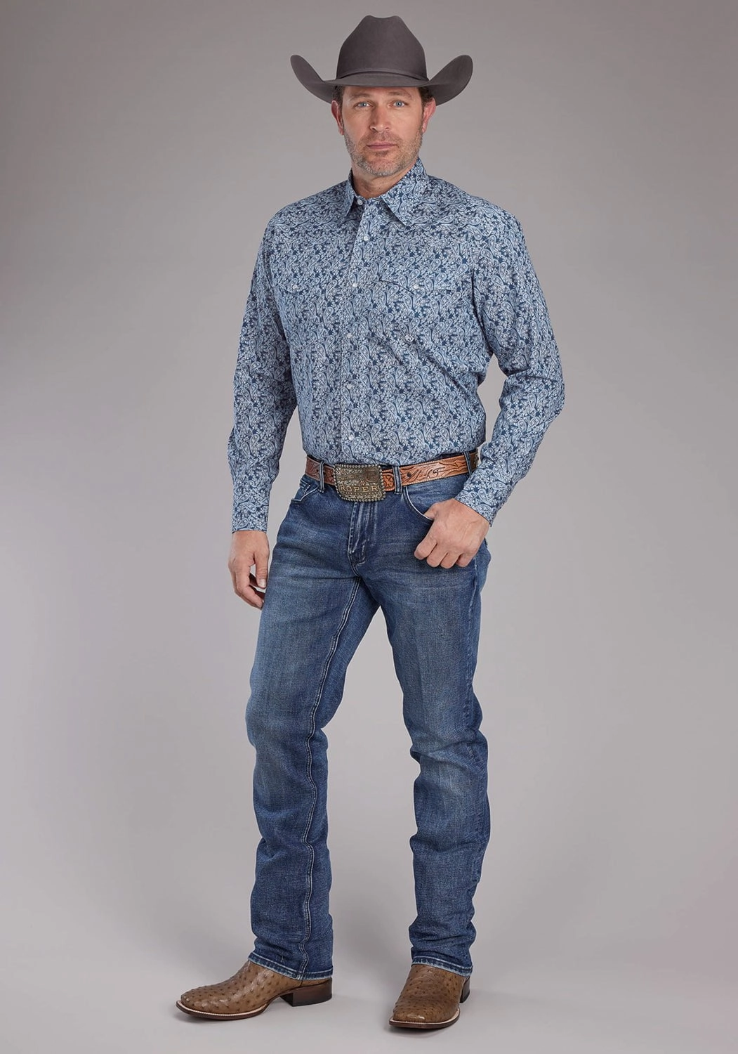 Minimalist Aesthetic Quality Material Roper Mens Prairie Paisley Blue 100% Cotton L/S Shirt