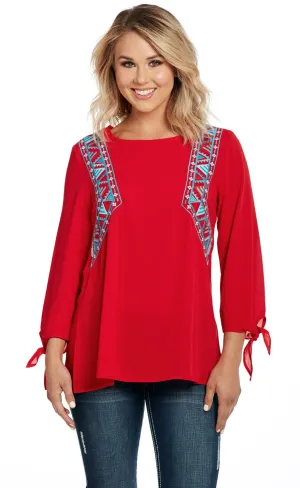 Snag Free Material Cowgirl Up Womens Red Polyester Embroidered Top Tunic S/S Relaxed Style Chill Fit Cowgirl Up Womens Red Polyester Embroidered Top Tunic S/S