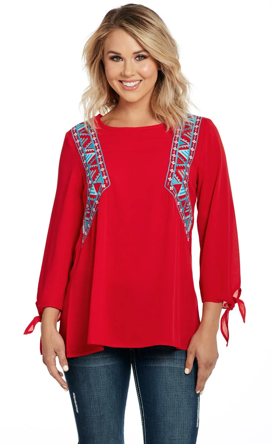Timeless Wear Smooth Comfort Cowgirl Up Womens Red Polyester Embroidered Top Tunic S/S