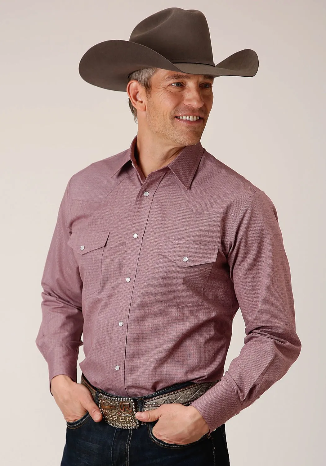 Quality Material Flexible Material Roper Mens Crosshatch Squares Wine Poly/Cotton L/S Shirt