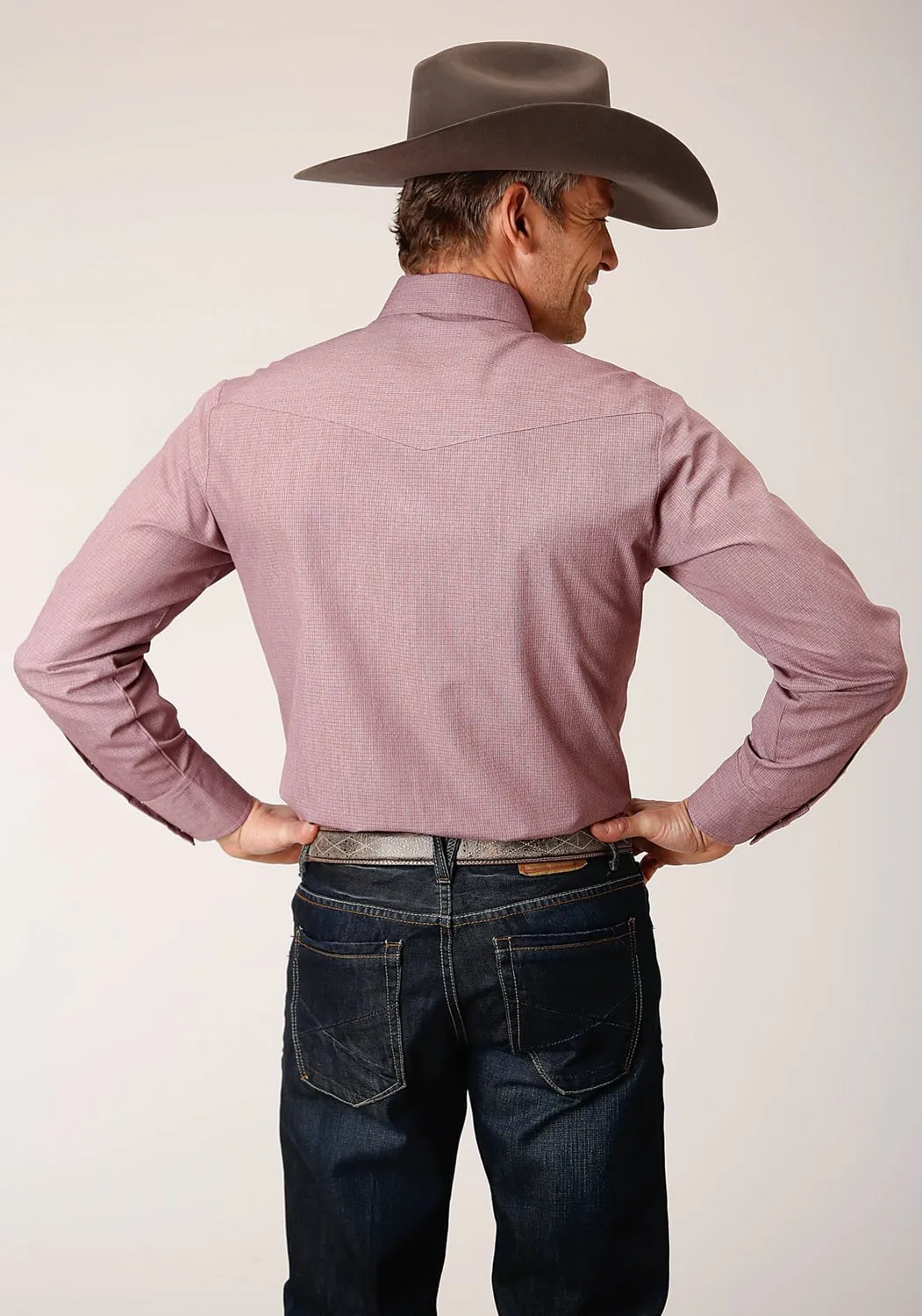 Roper Mens Crosshatch Squares Wine Poly/Cotton L/S Shirt Abrasion Resistant Edges