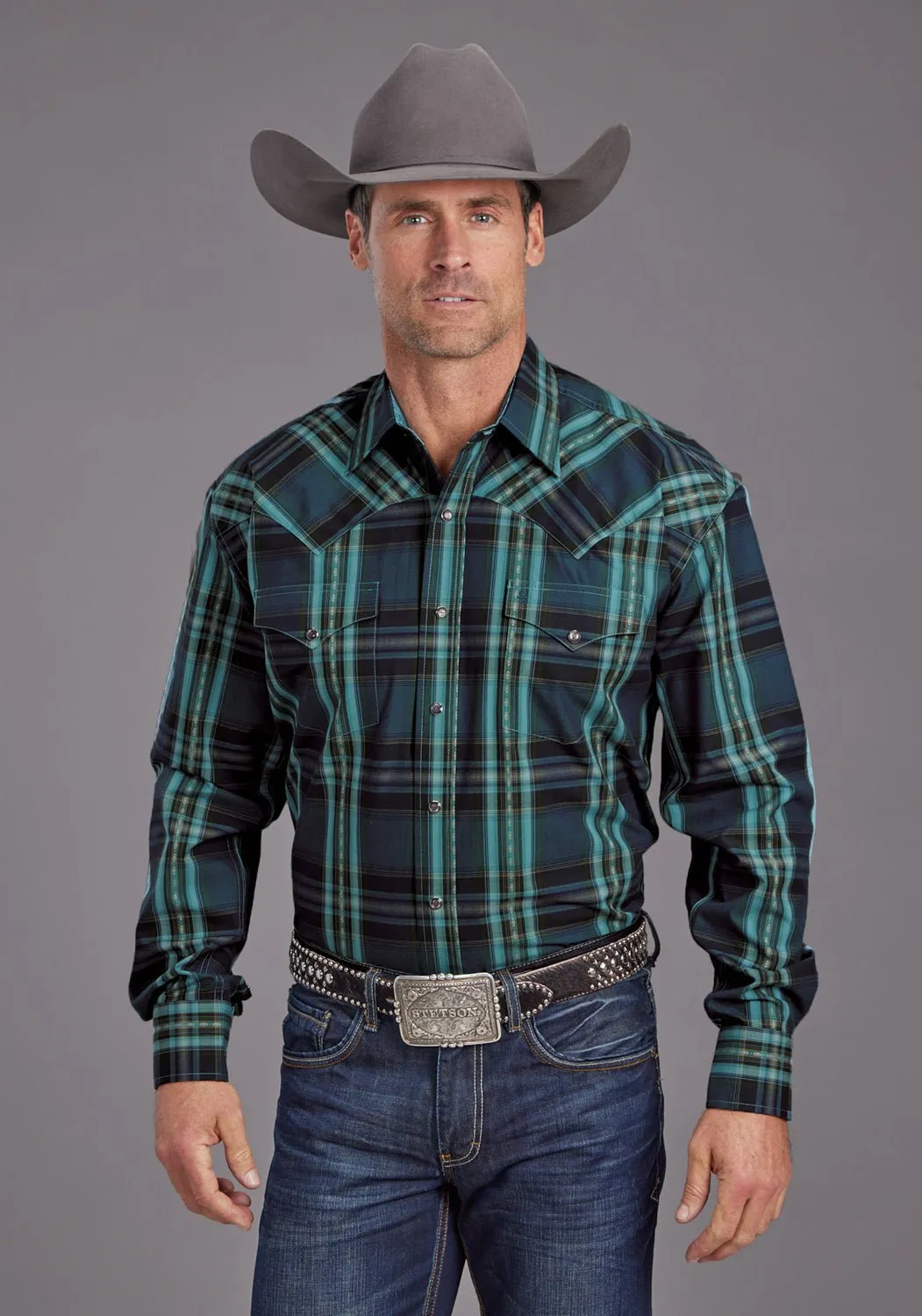 Stetson Mens Lake Dobby Blue 100% Cotton L/S Shirt Modern Look