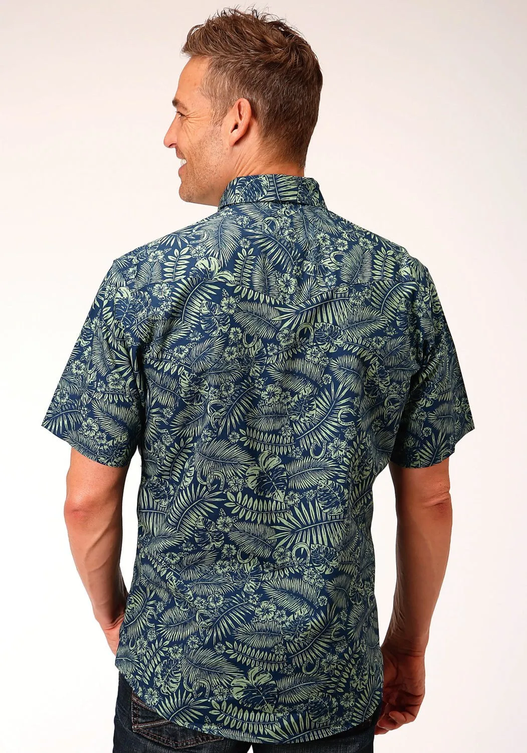 Roper Mens Lucky Tropical Print Green 100% Cotton S/S Shirt Flexible Material Gym Appropriate