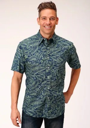 Snag Resistant Fabric Roper Mens Lucky Tropical Print Green 100% Cotton S/S Shirt Roper Mens Lucky Tropical Print Green 100% Cotton S/S Shirt Structured Shoulder Support Quality Material
