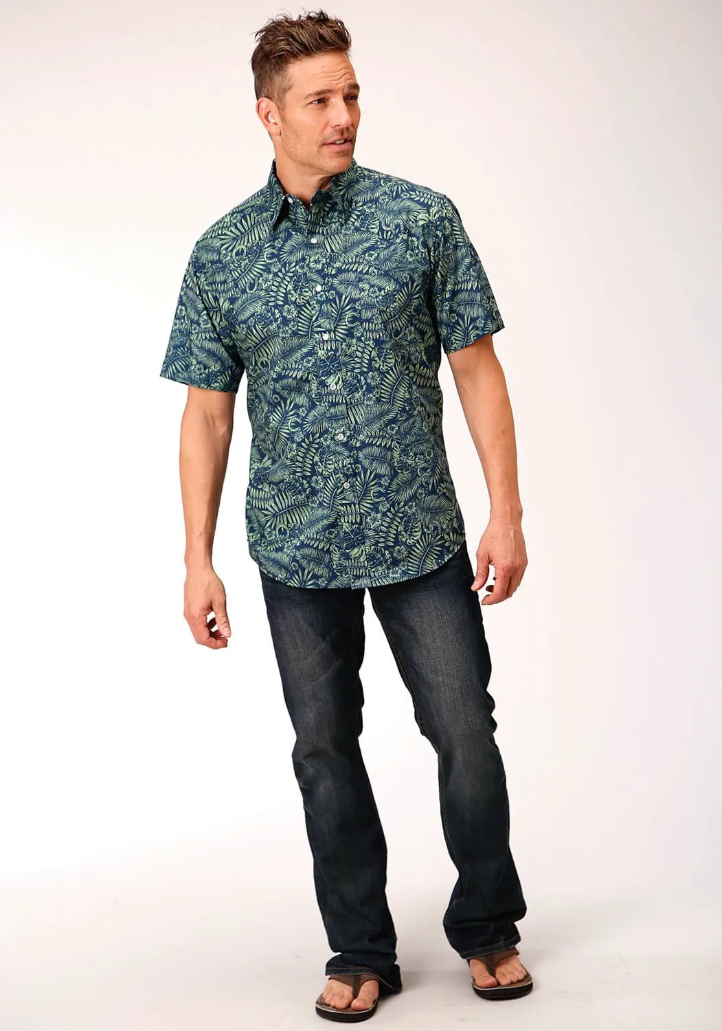 Roper Mens Lucky Tropical Print Green 100% Cotton S/S Shirt Casual Comfort