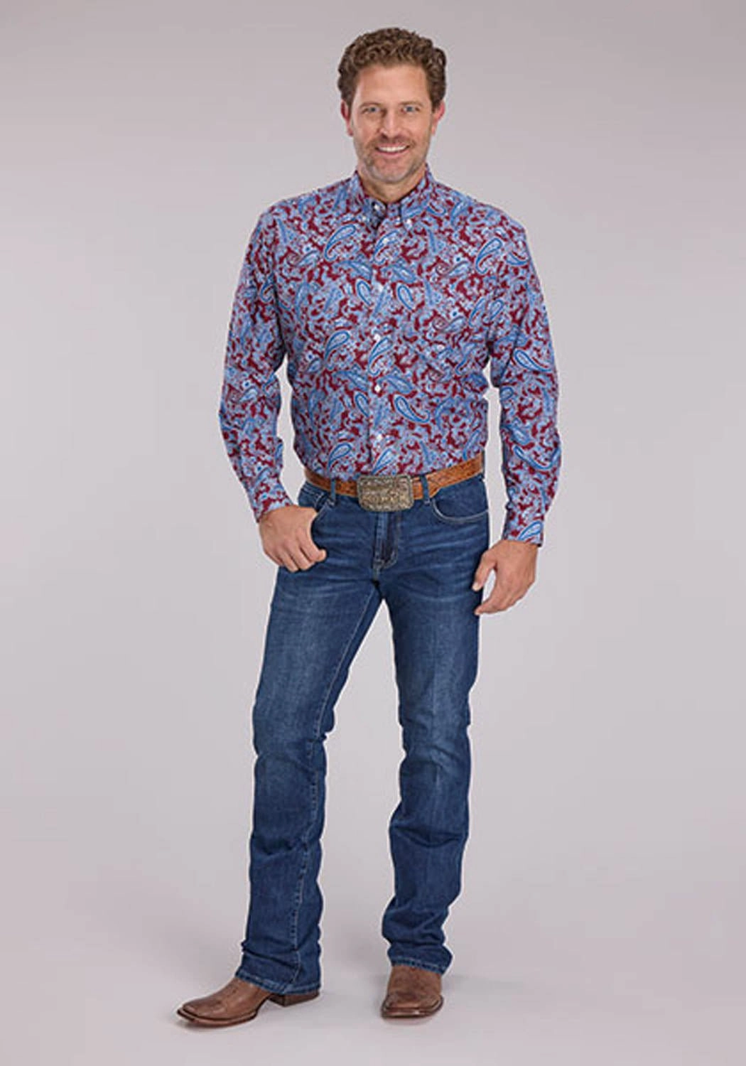 Roper Mens 2496 Heritage Paisley Wine/Blue 100% Cotton 1 Pkt L/S Shirt birthday party Easy Care