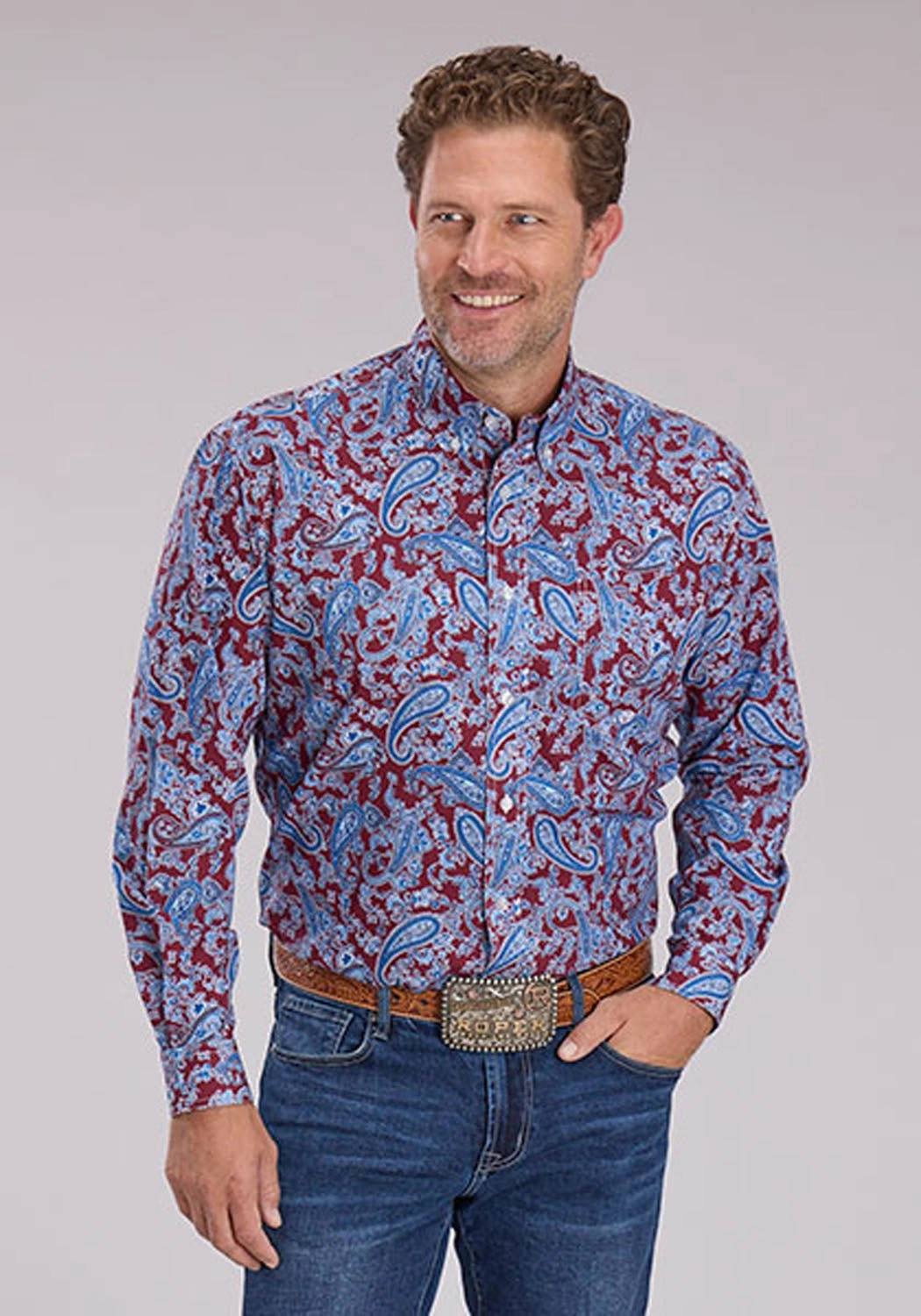 Versatile Look Roper Mens 2496 Heritage Paisley Wine/Blue 100% Cotton 1 Pkt L/S Shirt