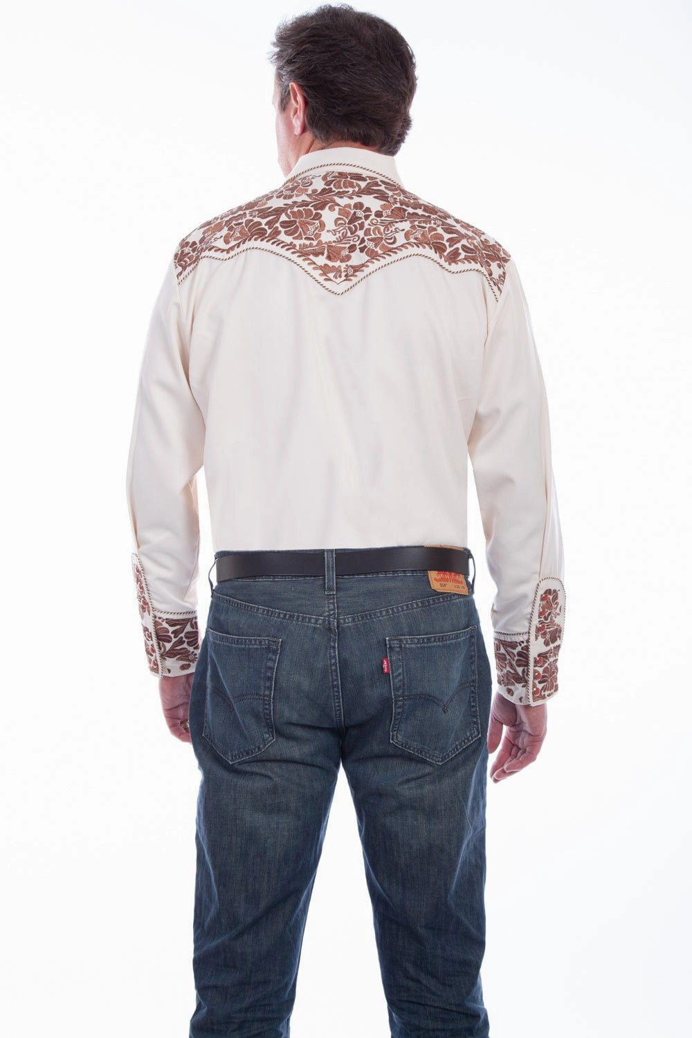 Scully Mens Natural Poly/Rayon Tooled Floral L/S Shirt Active Design Non Iron