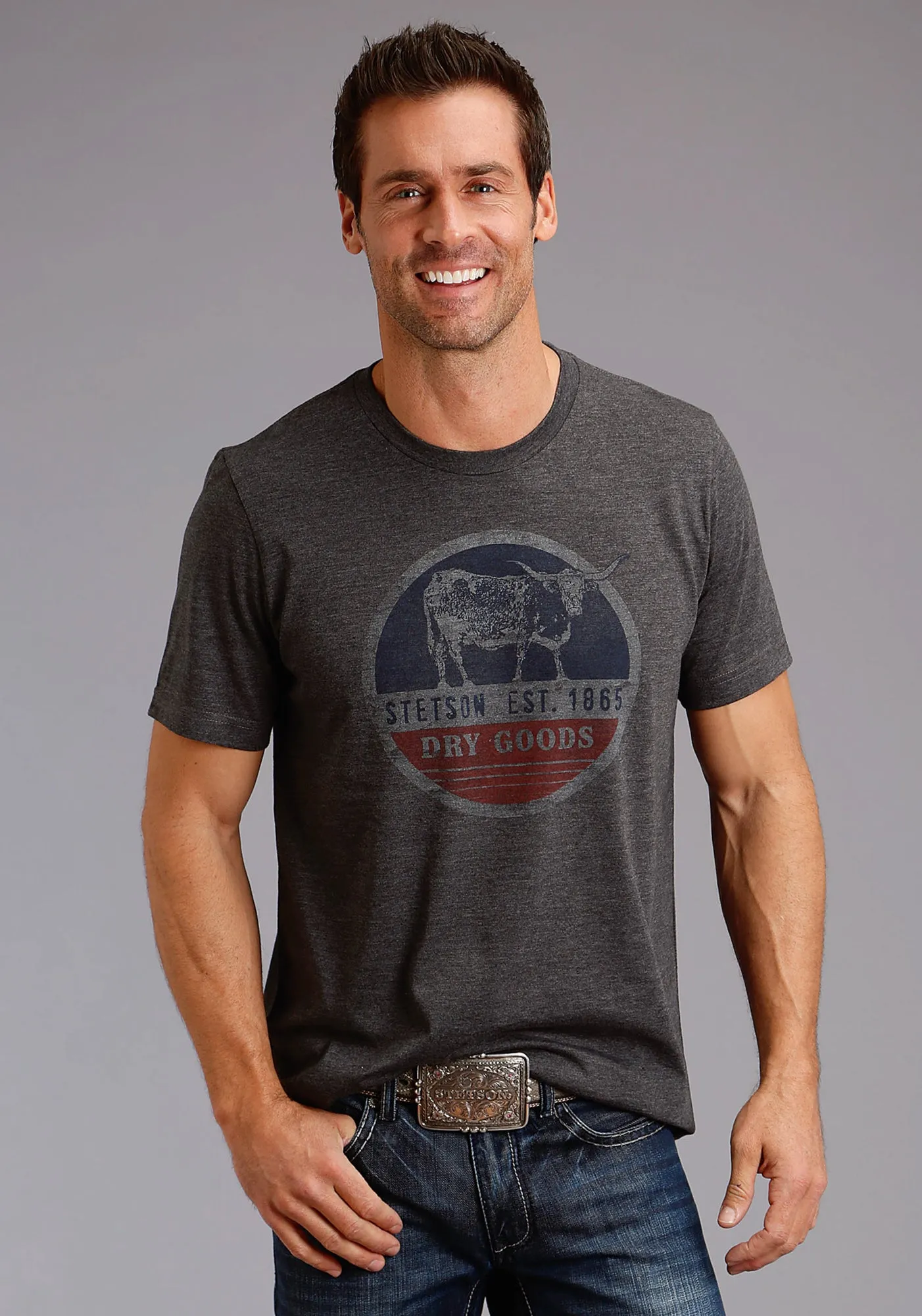 Comfy Layer UV Protective Fabric Stetson Unisex Grey Cotton Blend Dry Goods Circle S/S T-Shirt